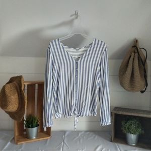 XL Kismet lilac striped long sleeve front tie blouse